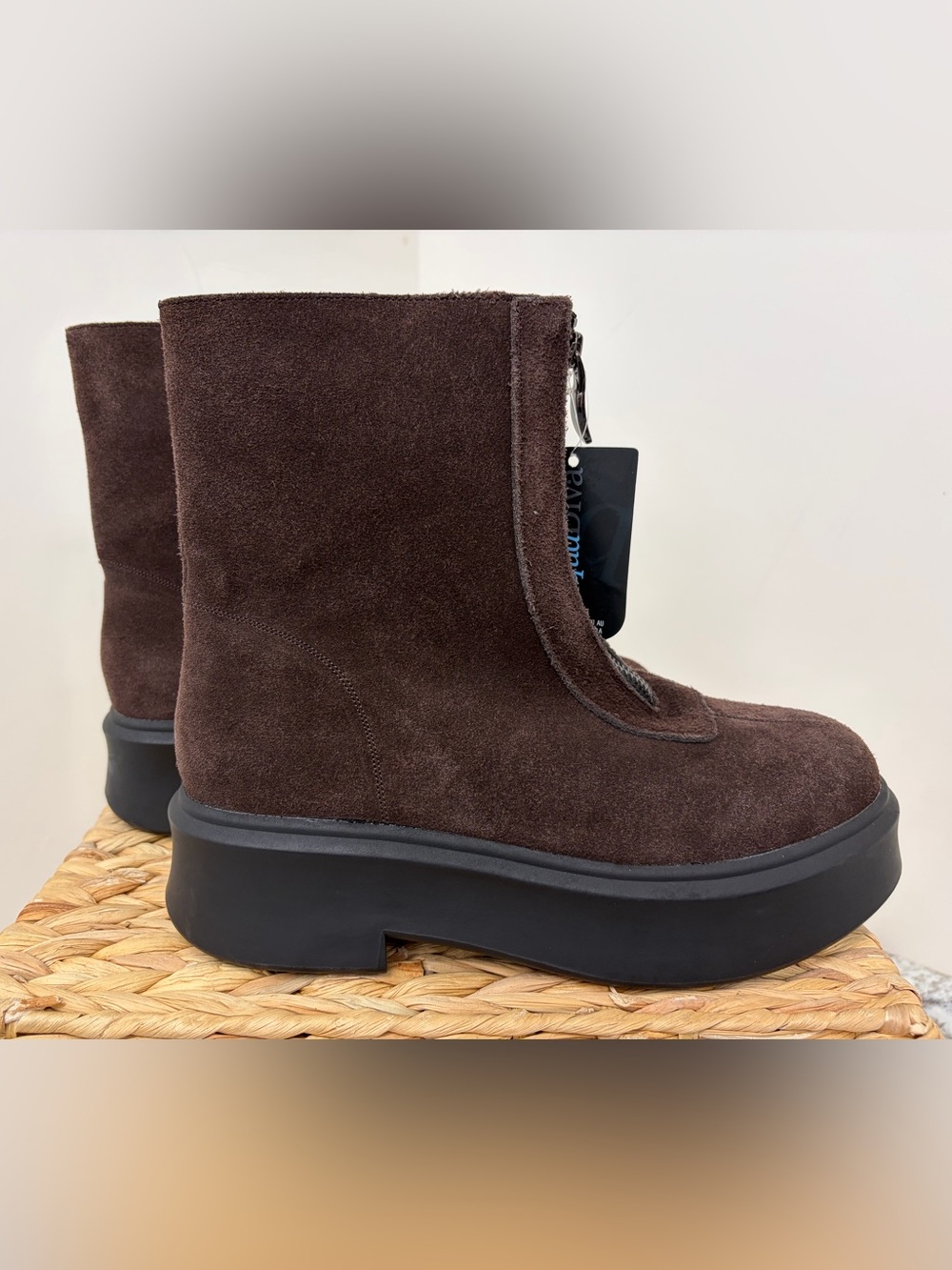 Women's Brown Suede Platform Ankle Boots with Front Zip